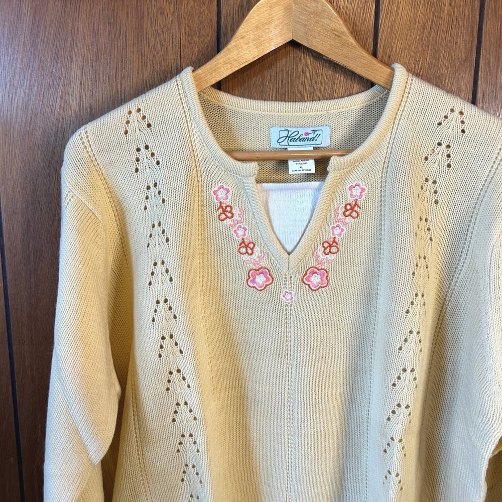 Haband! Womens XL‎ Yellow Floral Embroidered Knit Sweater Pullover Long Sleeve